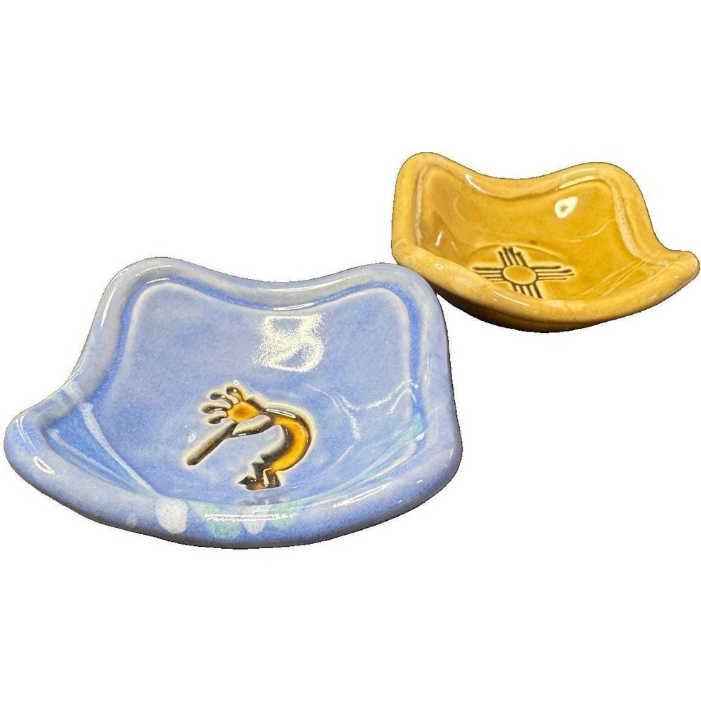 VTG Pretty Pottery Albuquerque NM Trinket Pair Zia Sun/Kokopelli USA Stamped PP - Picture 3 of 15